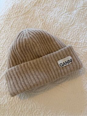 Ganni Oversized Wool Rib Knit Beanie Hat Brazilian Sand Tan Beige